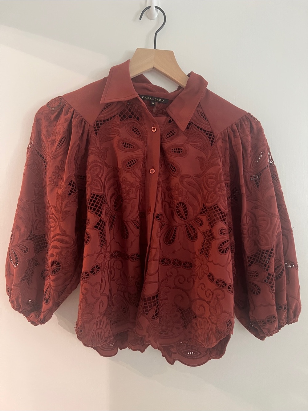 Caballero Eyelet Button-Front Blouse with Puff Sleeves
